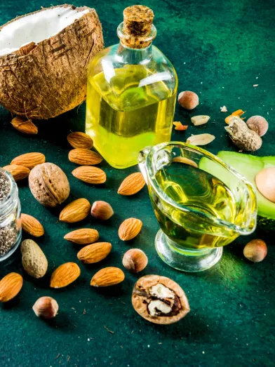 Several different sources of fat like avocado, oil, coconut, and nuts