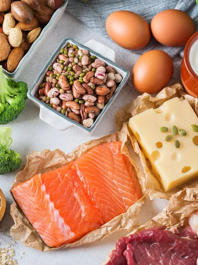 Mix of very low carb foods including nuts, cheese, and salmon