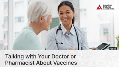 A friendly healthcare professional helps an older female patient understand her options for vaccines.